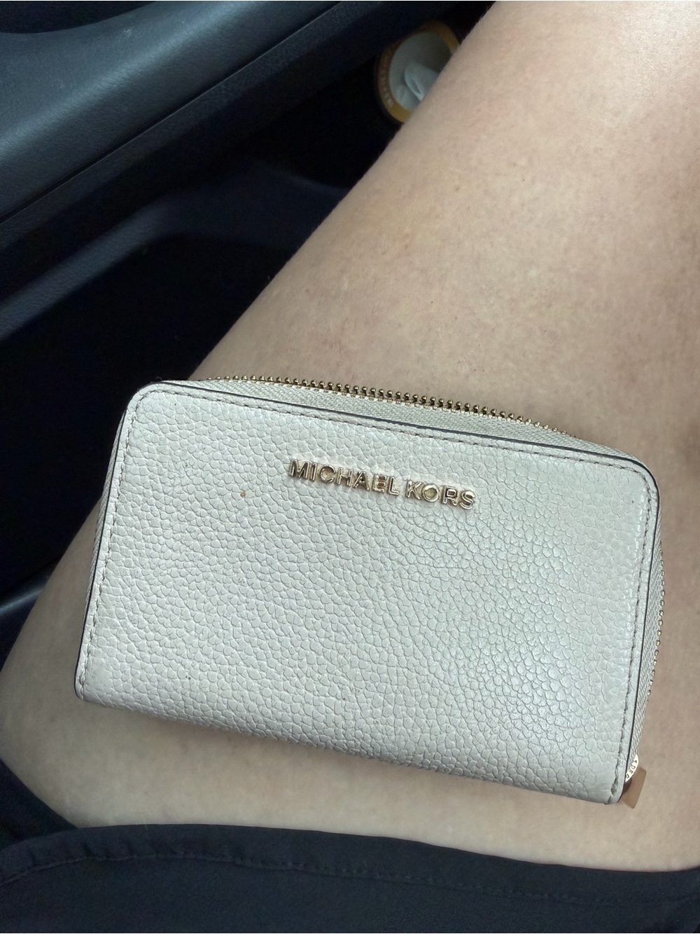 Michael Kors Cream Pebbled Leather Zip Wallet with Gold Logo